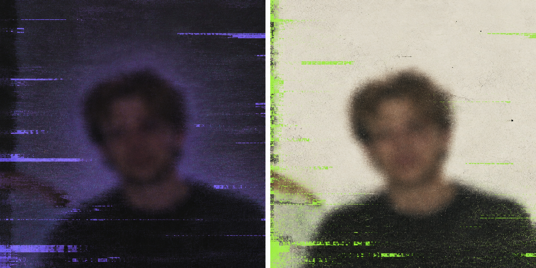 Glitch-art portrait shown in purple and green tones
