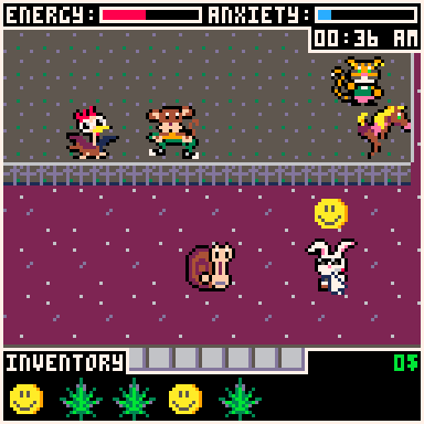 Animated PICO-8 gameplay from Groove 'n' Goods on a busy dance floor