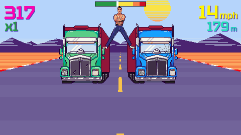 Animated Heels on Fire gameplay with a character balancing between two trucks