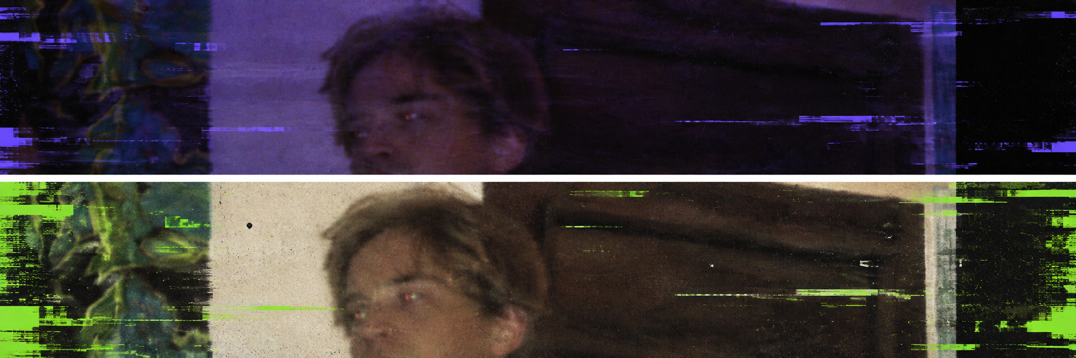 Two-panel glitch-art portrait in purple and green tones
